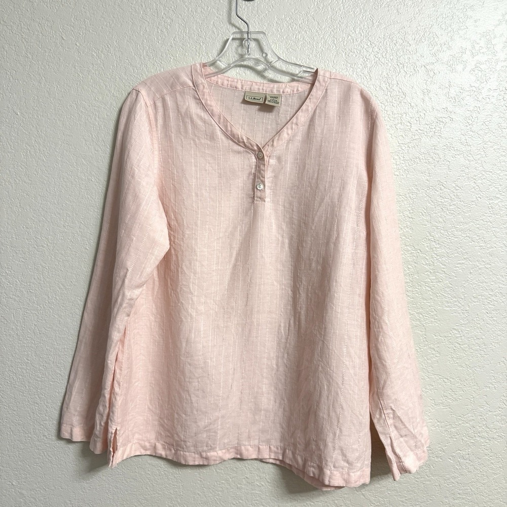 LL Bean Blouse Womens Large Pink Linen Button Casual Coastal Travel Relaxed